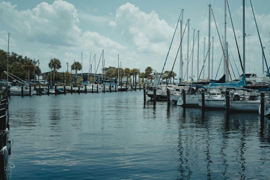 Scenic view of sailboats docked in a marina on a sunny day in St. Petersburg, Florida.